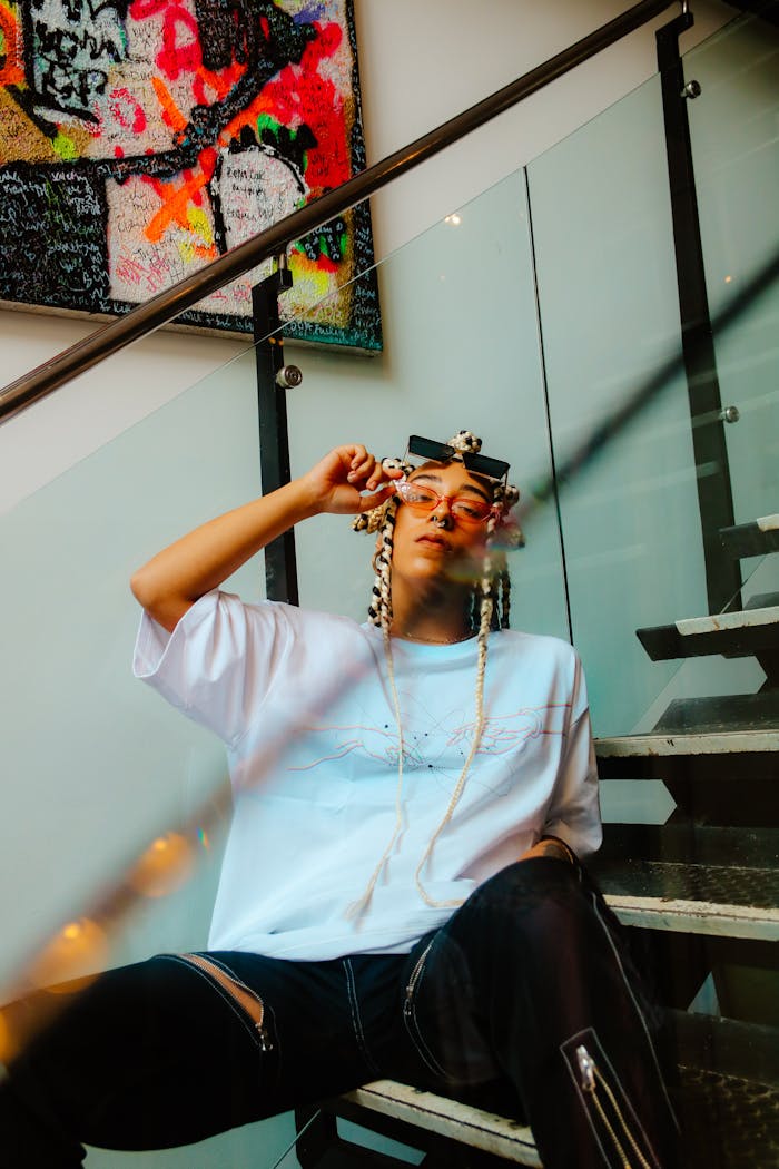 Young Woman with Braided Hair Wearing a Streetwear Outfit Sitting on the Stairs